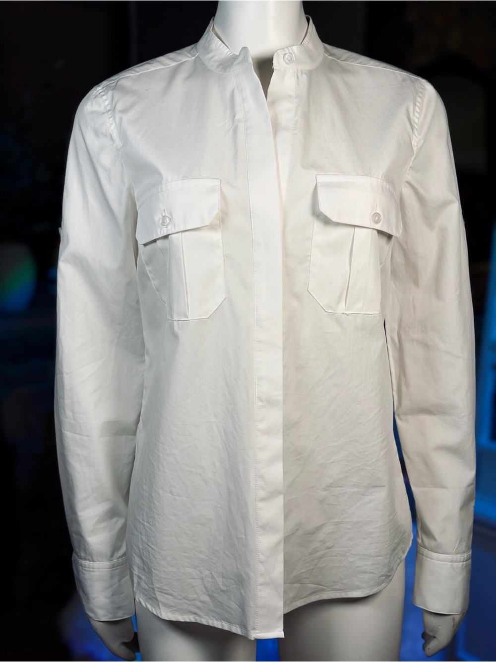 BCBG Max Azria White 100% Cotton “Liam” Long Sleeve Button Down Blouse, Sz XS